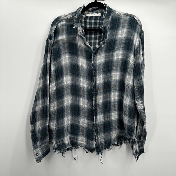 mnml Shirt Womens Large Blue Gray Plaid Frayed Gauze Distressed Button Up Top - Picture 1 of 10